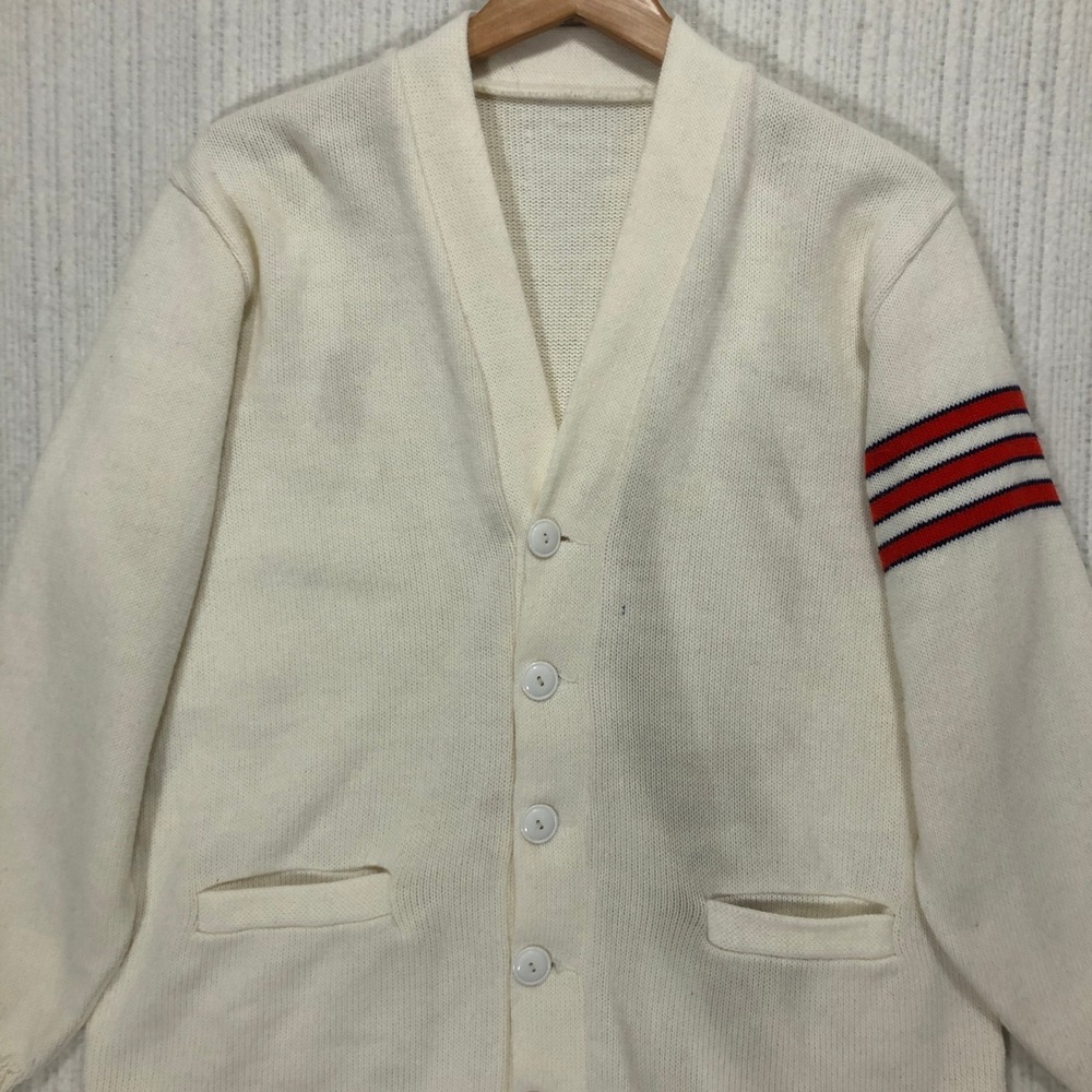 Vintage Style Cream Letterman Cardigan‎ Red Blue Sleeve Stripes Varsity Sweater